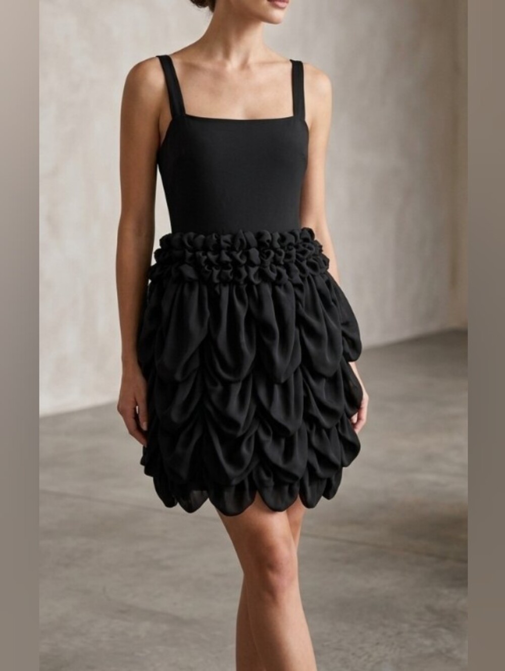 Samuel Dong Black Mini Dress with Textured Petal Skirt